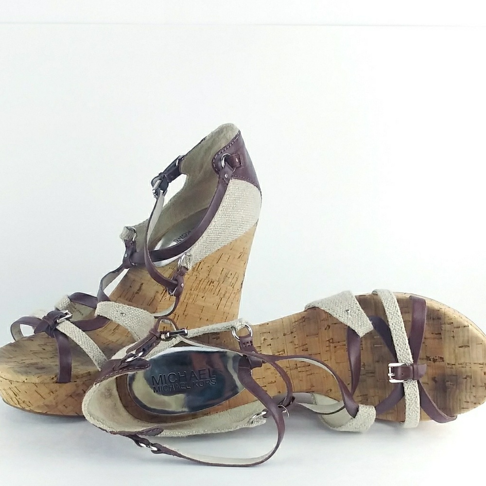 Michael Kors Wedges Size 9M Cork/Brown Leather